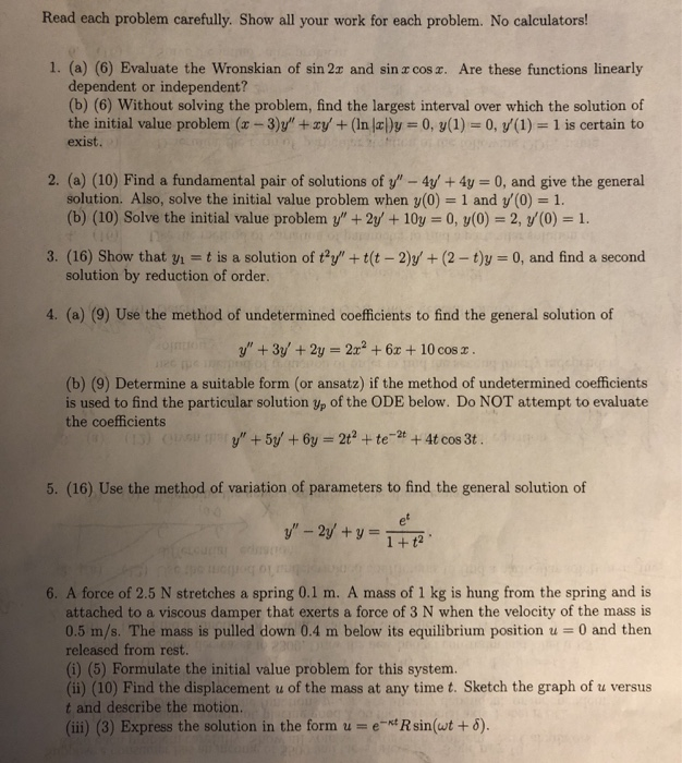 Solved Read each problem carefully. Show all your work for | Chegg.com