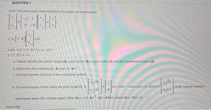 Solved QUESTION 1 Given the state-space representation of a | Chegg.com