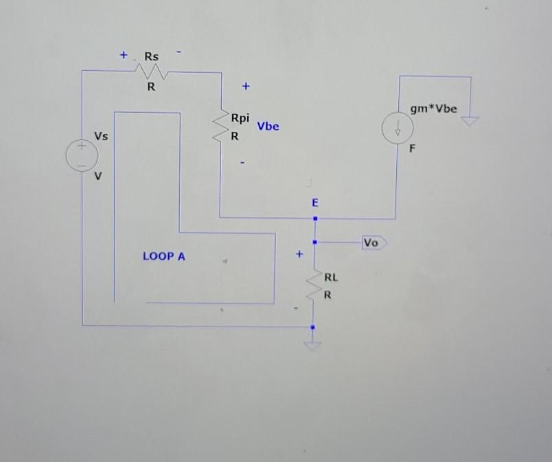 Solved + Rs 20 R + gm*Vbe Rpi Vbe R Vs F V E Vo LOOP A RL R | Chegg.com