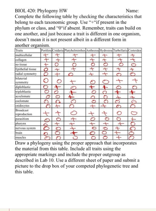 BIOL 420: Phylogeny HW
Name:
Complete the following table by checking the characteristics that belong to each taxonomic group