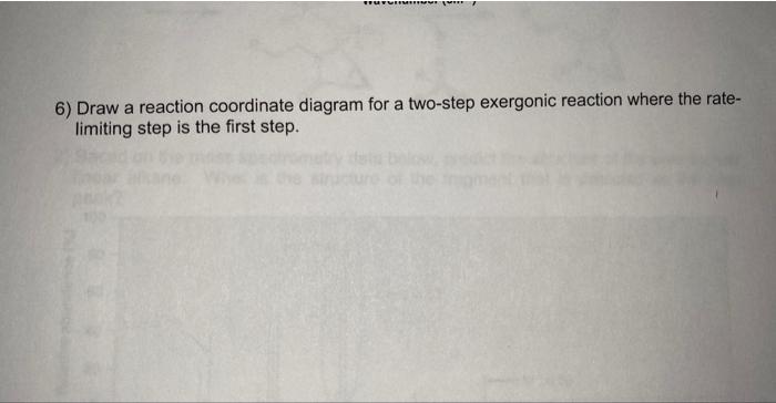 6) Draw a reaction coordinate diagram for a two-step exergonic reaction where the ratelimiting step is the first step.