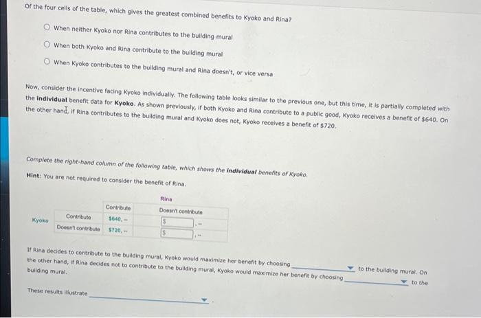 Of the four cells of the table, which gives the greatest combined benefits to Kyoko and Rina?
When neither kyoko nor Rina con