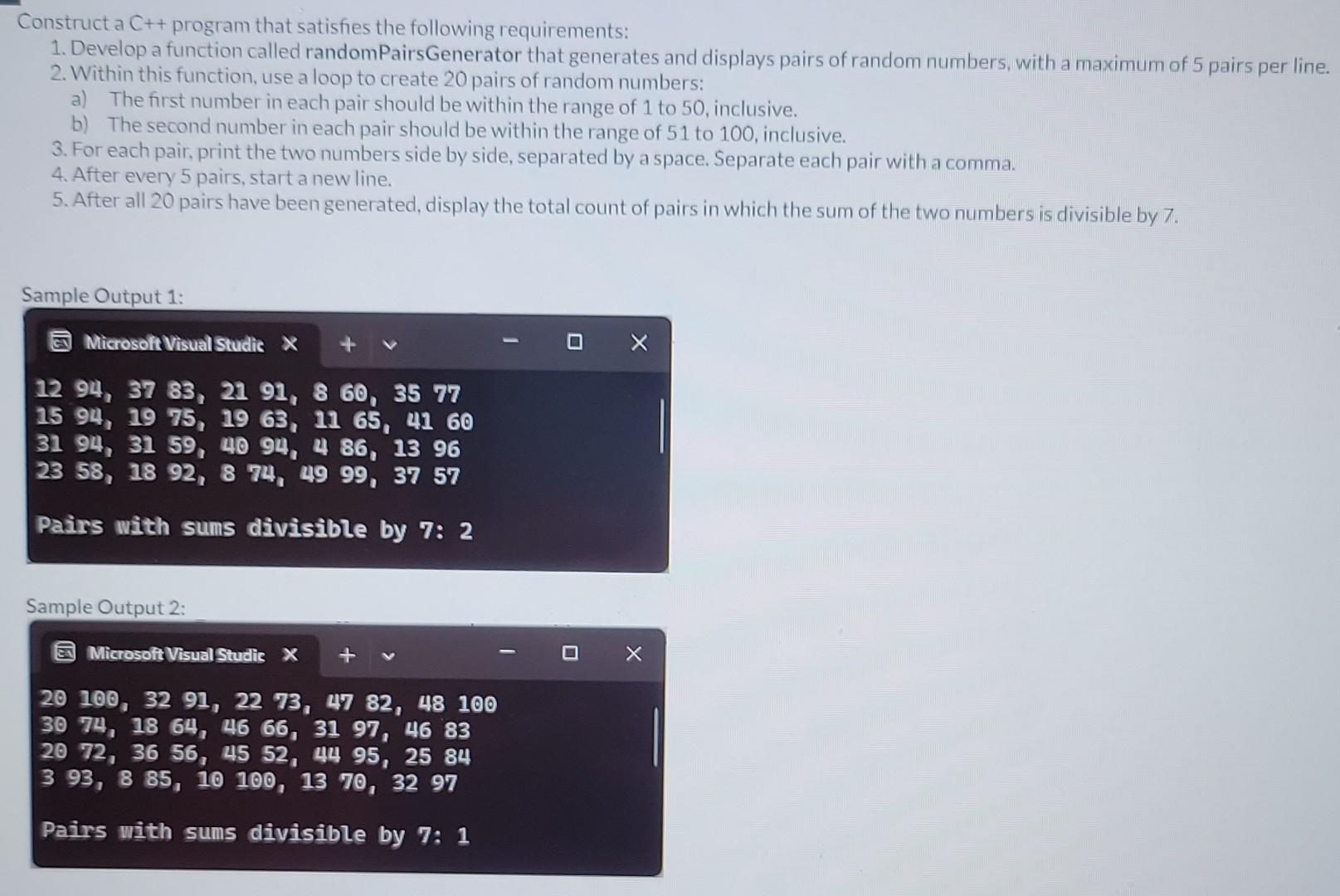 Solved Construct a C++ program that satisfies the following | Chegg.com