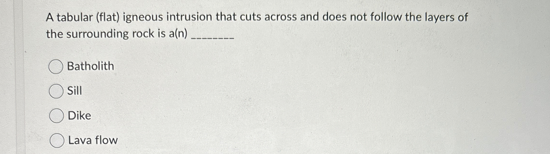 Solved A tabular (flat) ﻿igneous intrusion that cuts across | Chegg.com