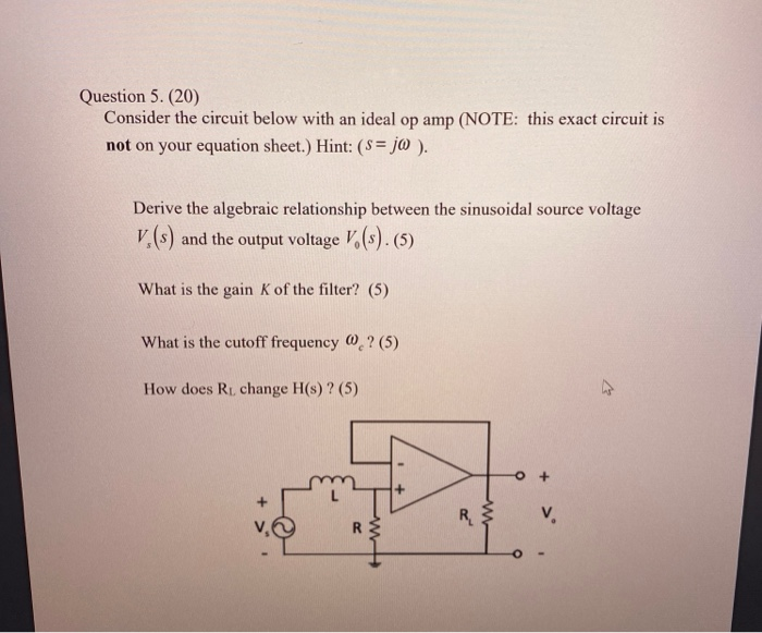 Solved Question 5. (20) Consider the circuit below with an | Chegg.com