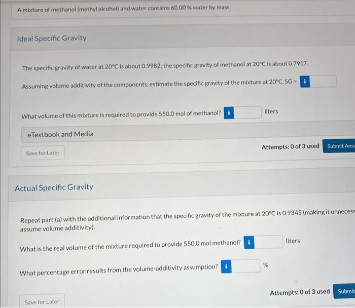 Solved A mixture of methanol (methyl alcohol) and water | Chegg.com