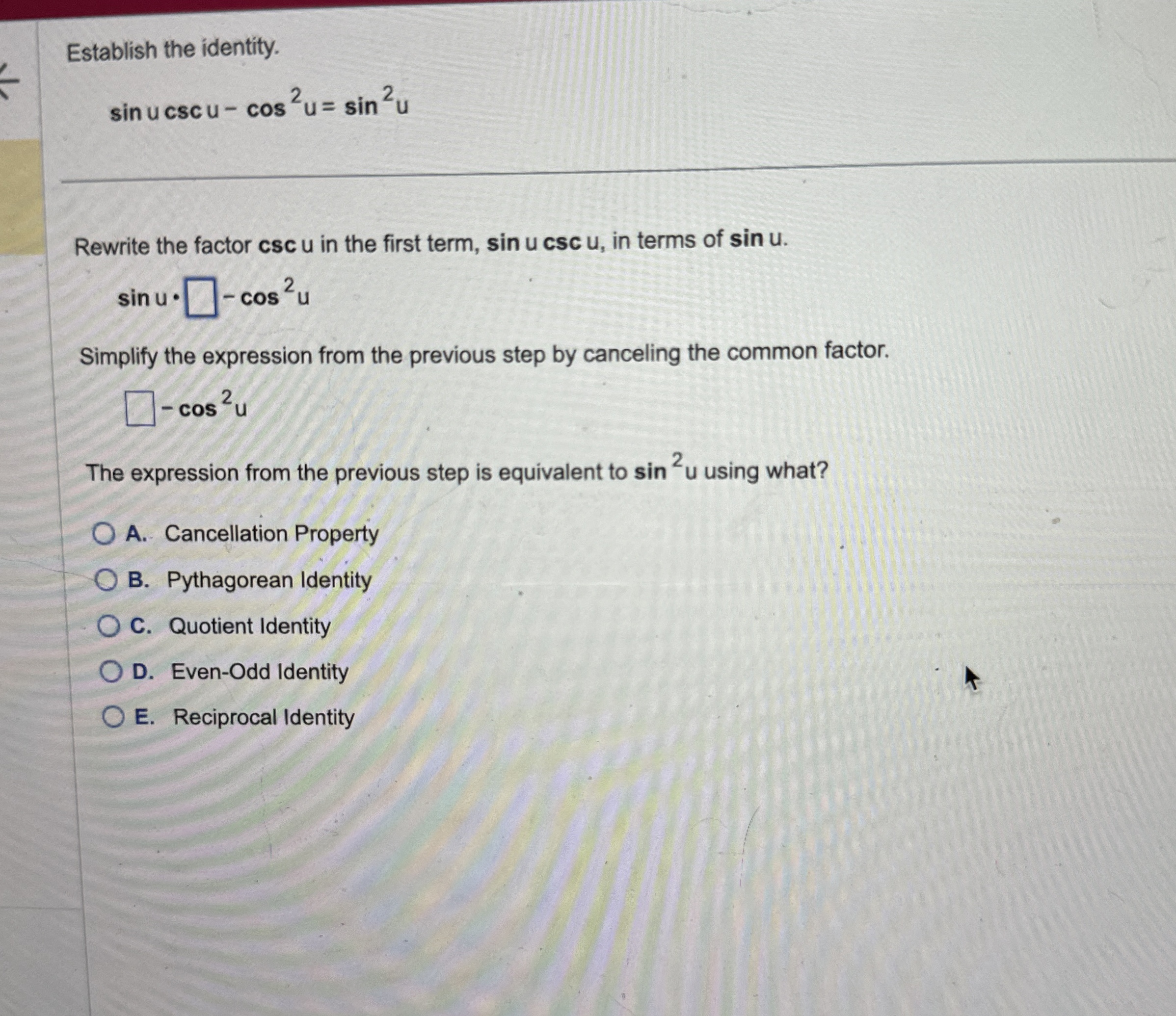 Solved Establish the identity.sinucscu-cos2u=sin2uRewrite | Chegg.com