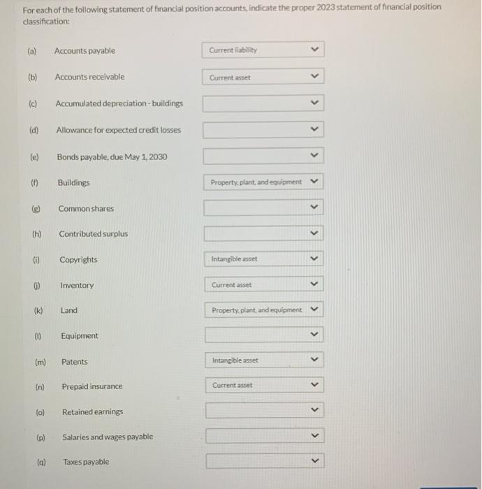 prepare a statement of financial position using the following accounts