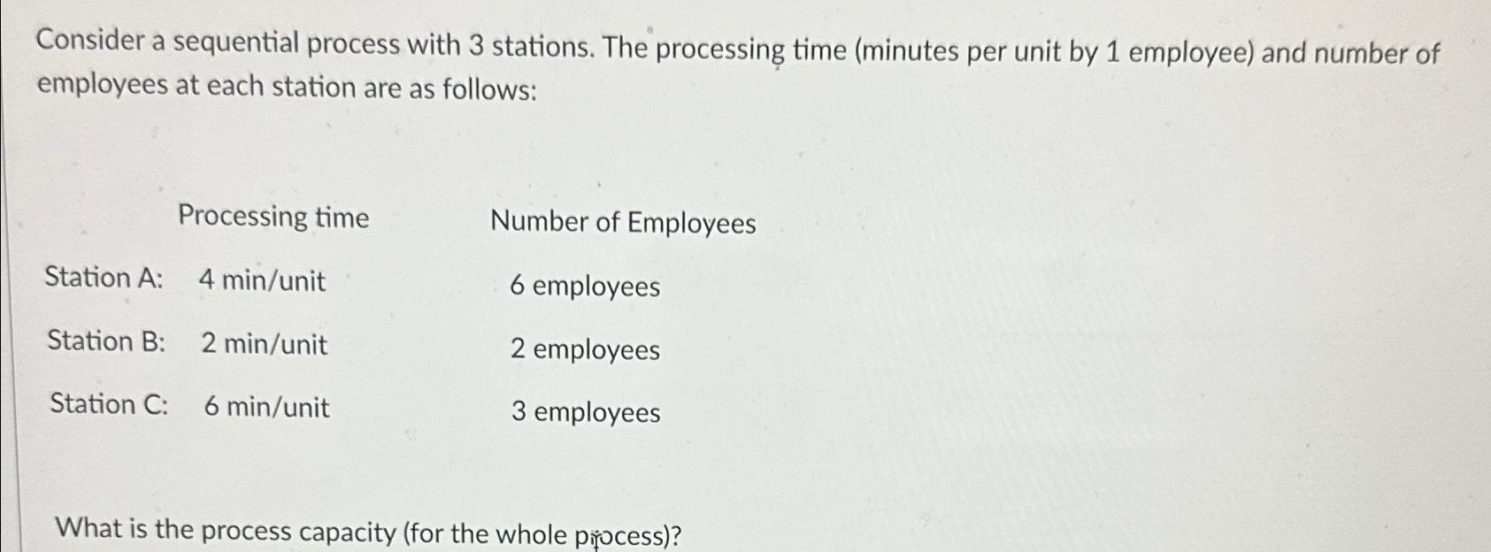 Solved Consider a sequential process with 3 ﻿stations. The | Chegg.com