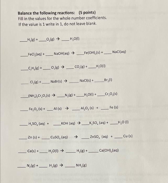 Solved Balance the following reactions: (5 points) Fill in | Chegg.com