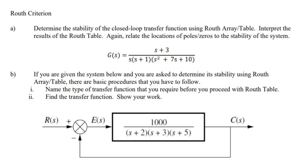 Solved Routh Criterion A Determine The Stability Of The Chegg Com