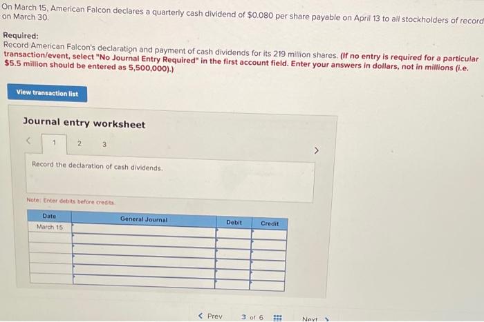 Solved On March 15, American Falcon Declares A Quarterly | Chegg.com