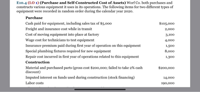 E10 4 Lo 1 Purchase And Self Constructed Cost Of Chegg 