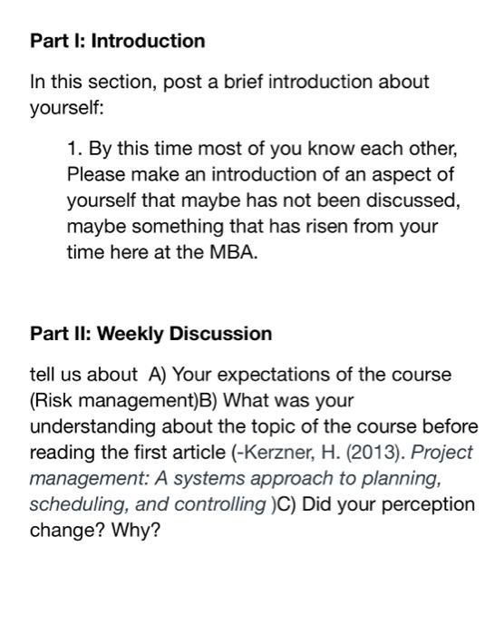 Solved Part I: Introduction In This Section, Post A Brief | Chegg.com