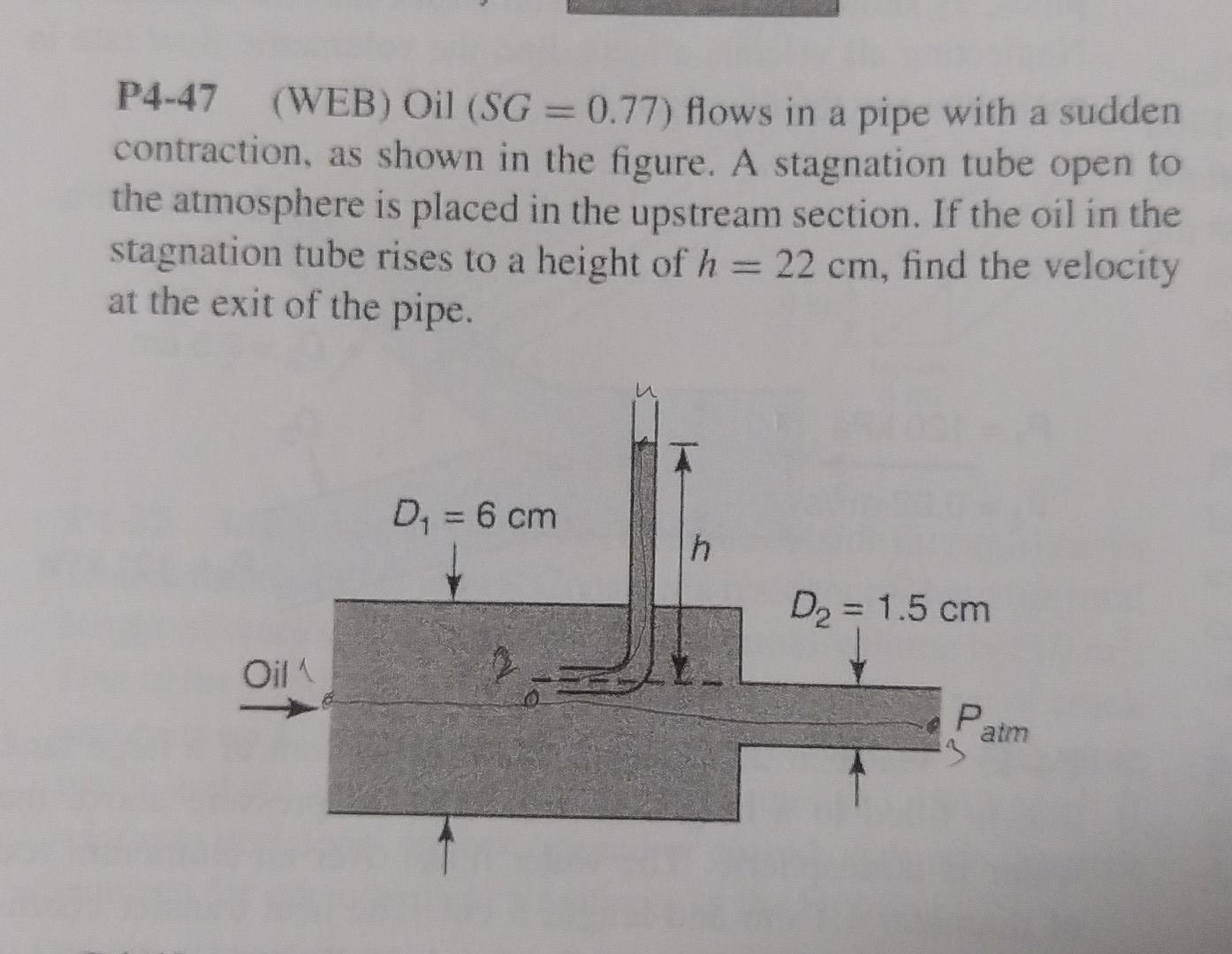 Solved P4-47 (WEB) Oil (SG=0.77) flows in a pipe with a | Chegg.com