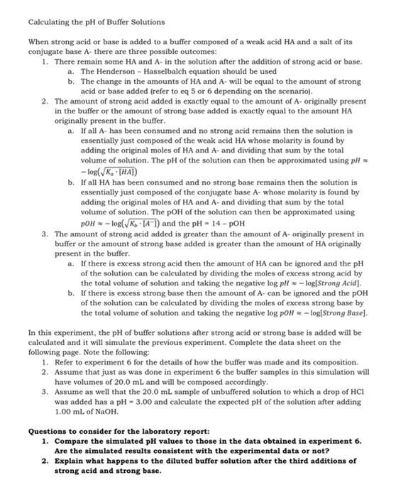 Solved Experiment 7 Properties of Buffer Solutions 2