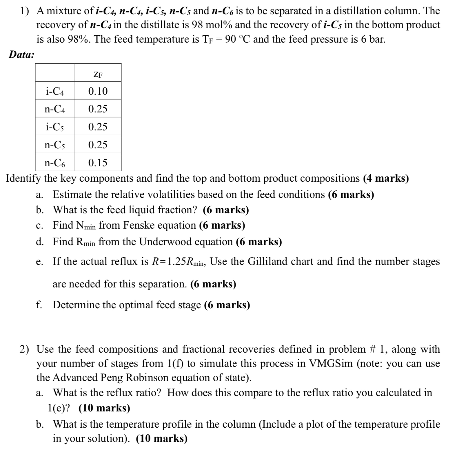 Solved A mixture of i-C4,n-C4,i-C5,n-C5 ﻿and n-C6 ﻿is to be | Chegg.com
