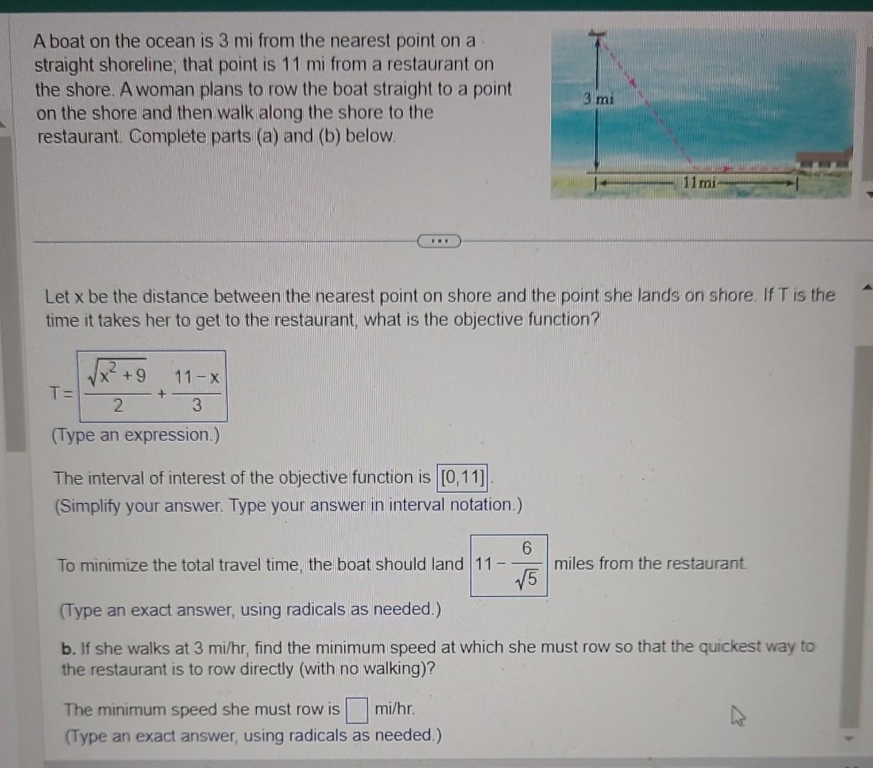 Solved A boat on the ocean is 3 mi from the nearest point on | Chegg.com