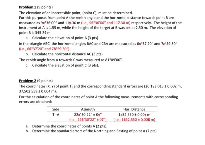 Solved Problem 1 (9 points) The elevation of an inaccessible | Chegg.com