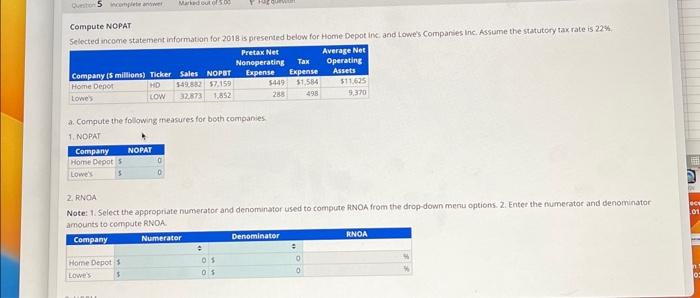 Solved Compute NOPAT Selected Income Statement Information | Chegg.com