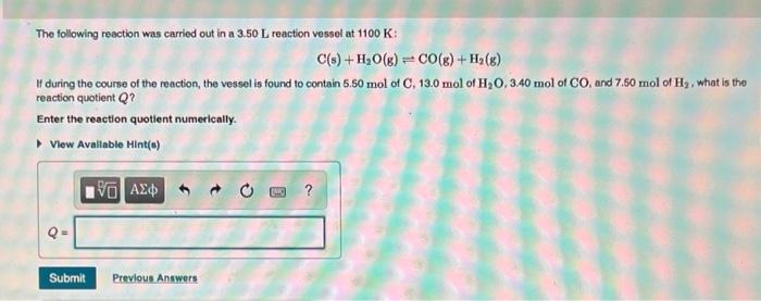 Solved The following reaction was carried out in a 3.50 L | Chegg.com