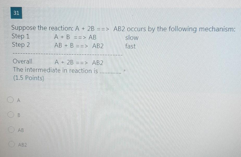 Solved 31 Suppose the reaction: A + 2B ==> AB2 occurs by the | Chegg.com
