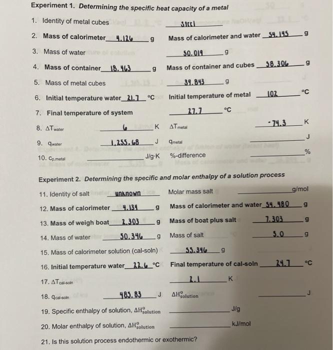 experiment 1 specific heat of a metal