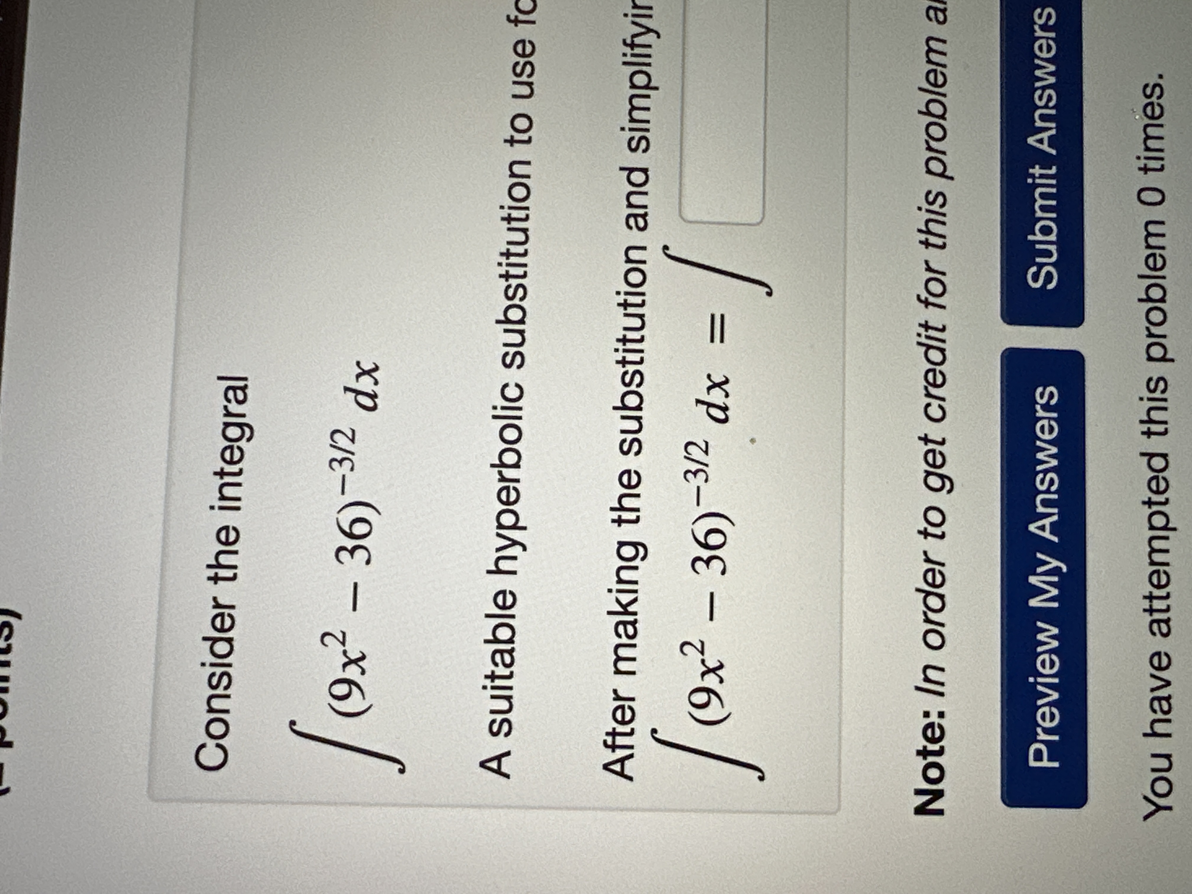 Solved Consider The Integral∫﻿﻿9x2 36 32dxa Suitable 7781