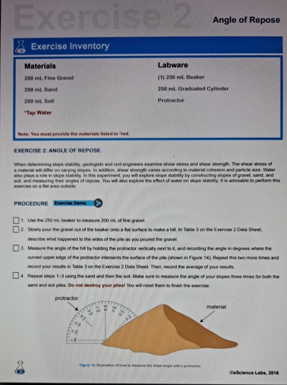 Exercise Angle Of Repose Exercise Inventory Chegg Com