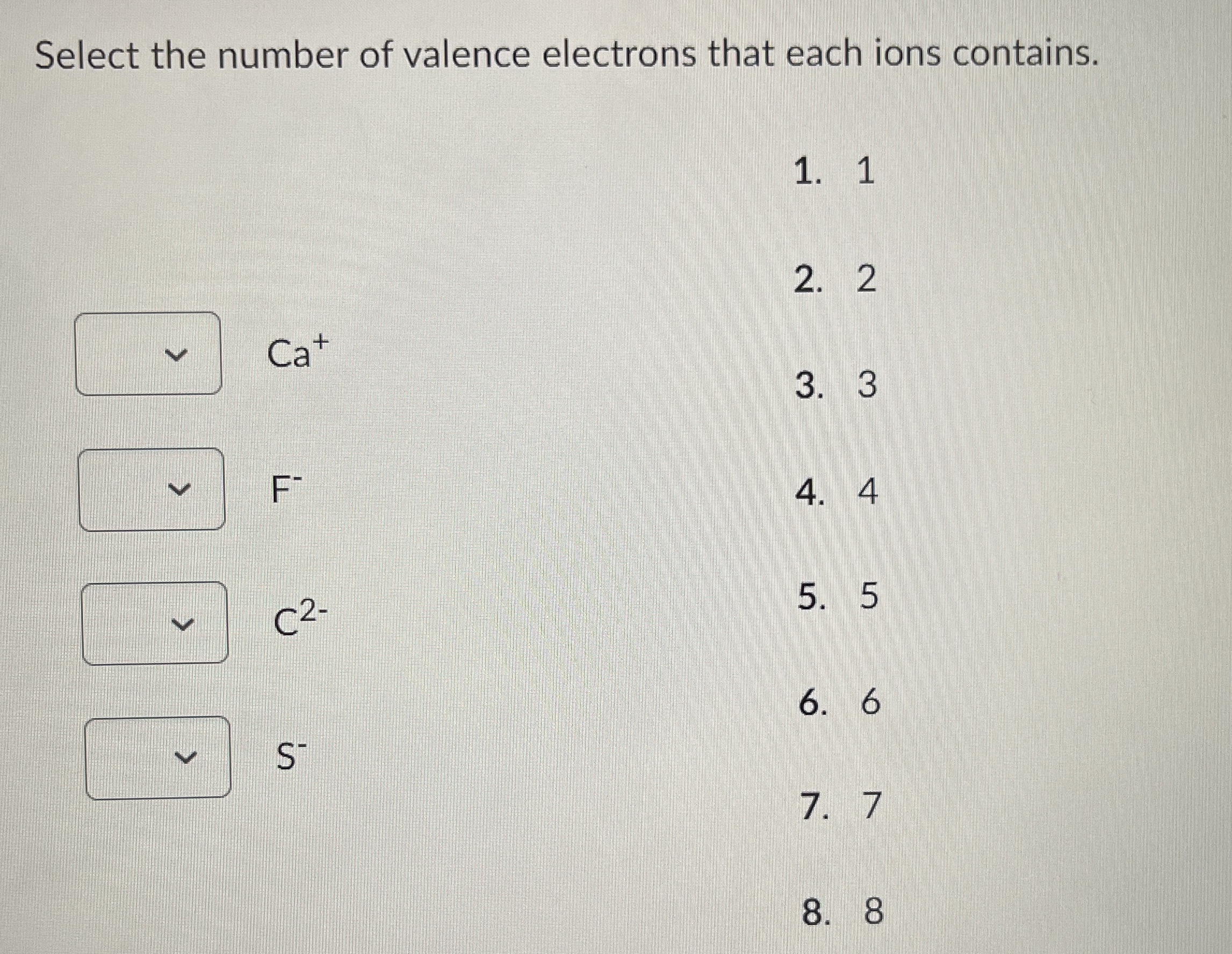 Solved Select the number of valence electrons that each ions | Chegg.com