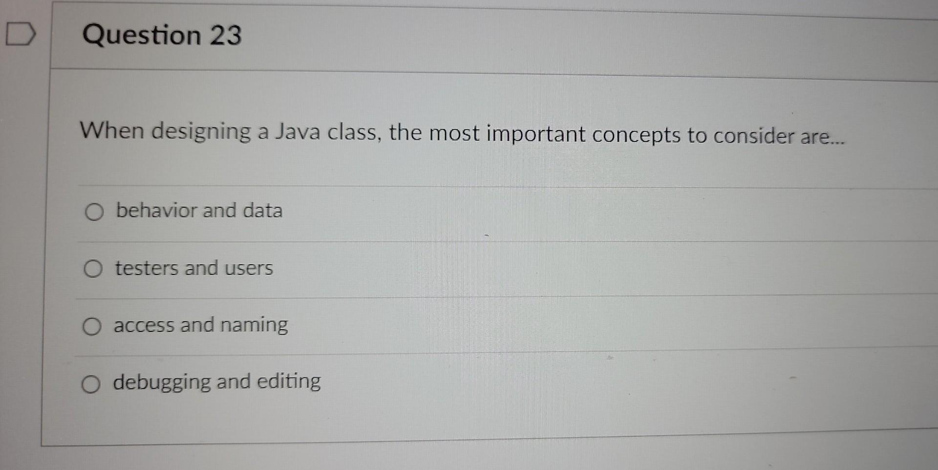 Solved When designing a Java class, the most important | Chegg.com
