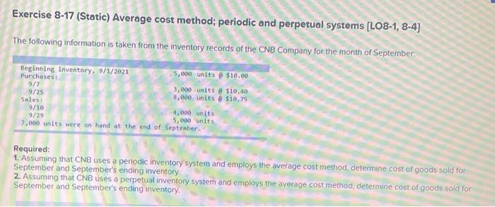 Solved Exercise 8-17 (Static) Average cost method; periodic | Chegg.com