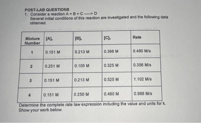 Solved POST-LAB QUESTIONS 1. Consider a reaction A + B+CD | Chegg.com