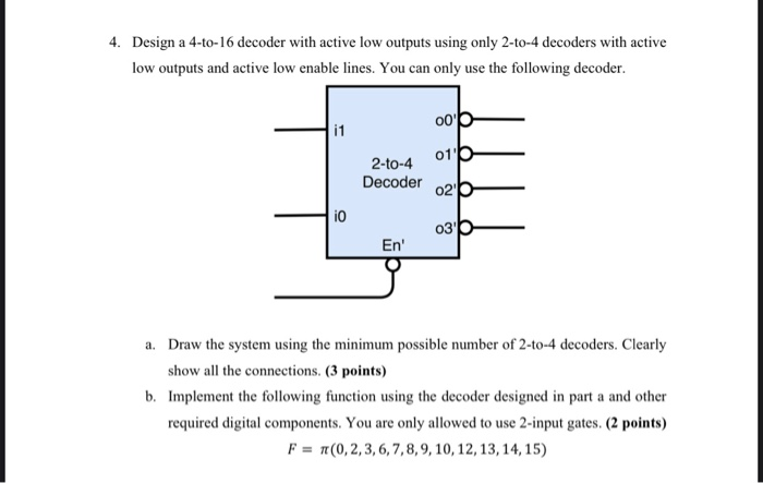 4. Design a 4-to-16 decoder with active low outputs using only 2-to-4 decoders with active low outputs and active low enable