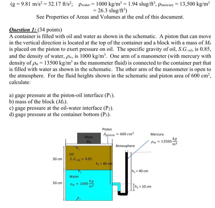 Solved (g=9.81 m/s2=32.17ft/s2;ρwater =1000 | Chegg.com