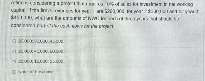 Solved A firm is considering a project that requires 10% of | Chegg.com