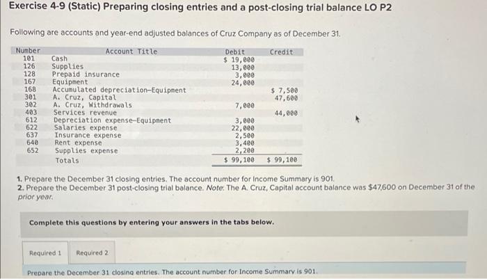 Solved Exercise 4-9 (Static) Preparing closing entries and a | Chegg.com