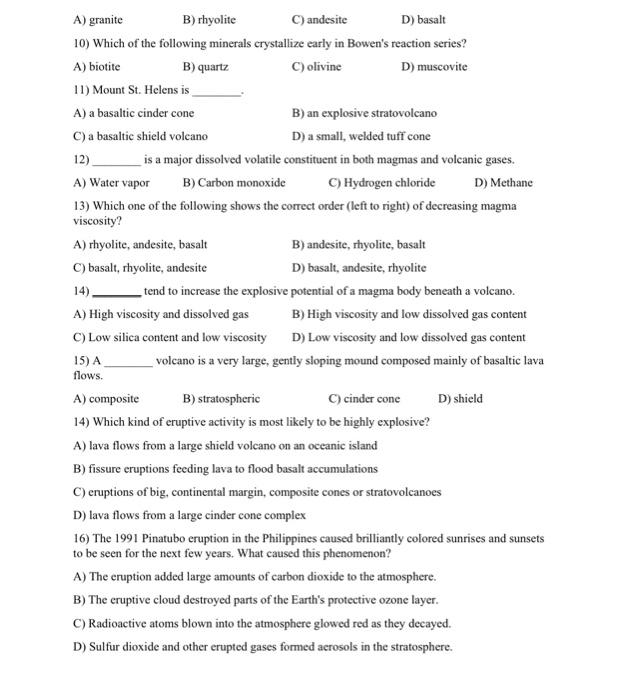 Solved A) Granite B) Rhyolite C) Andesite D) Basalt 10) | Chegg.com