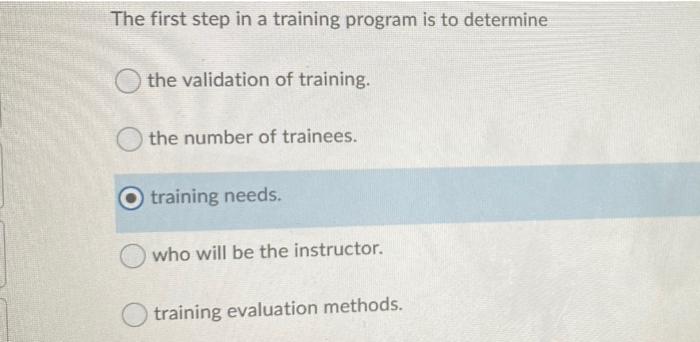 Solved The first step in a training program is to determine | Chegg.com