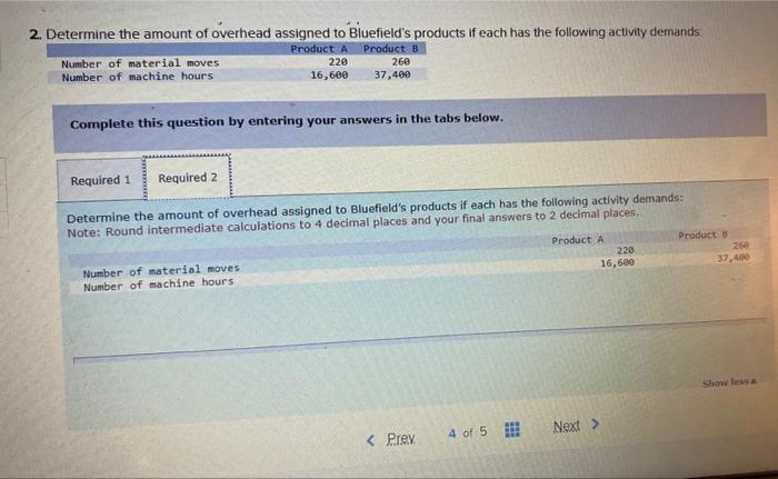 Determine the amount of overhead assigned to Bluefields products if each has the following activity demands:
Complete this q