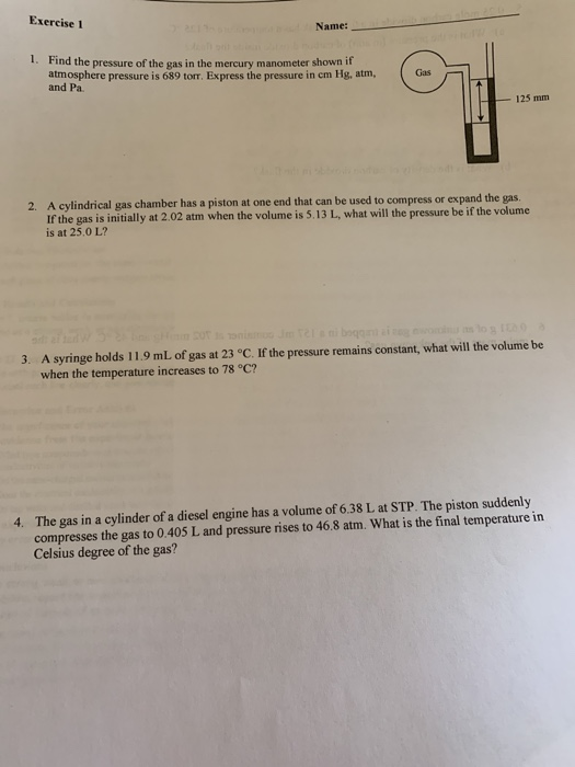 Solved Exercise 1 Name: 1. Find the pressure of the gas in | Chegg.com