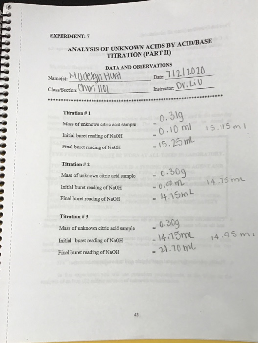 Solved EXPERIMENT 7 ANALYSIS OF UNKNOWN ACIDS BY ACID/BASE