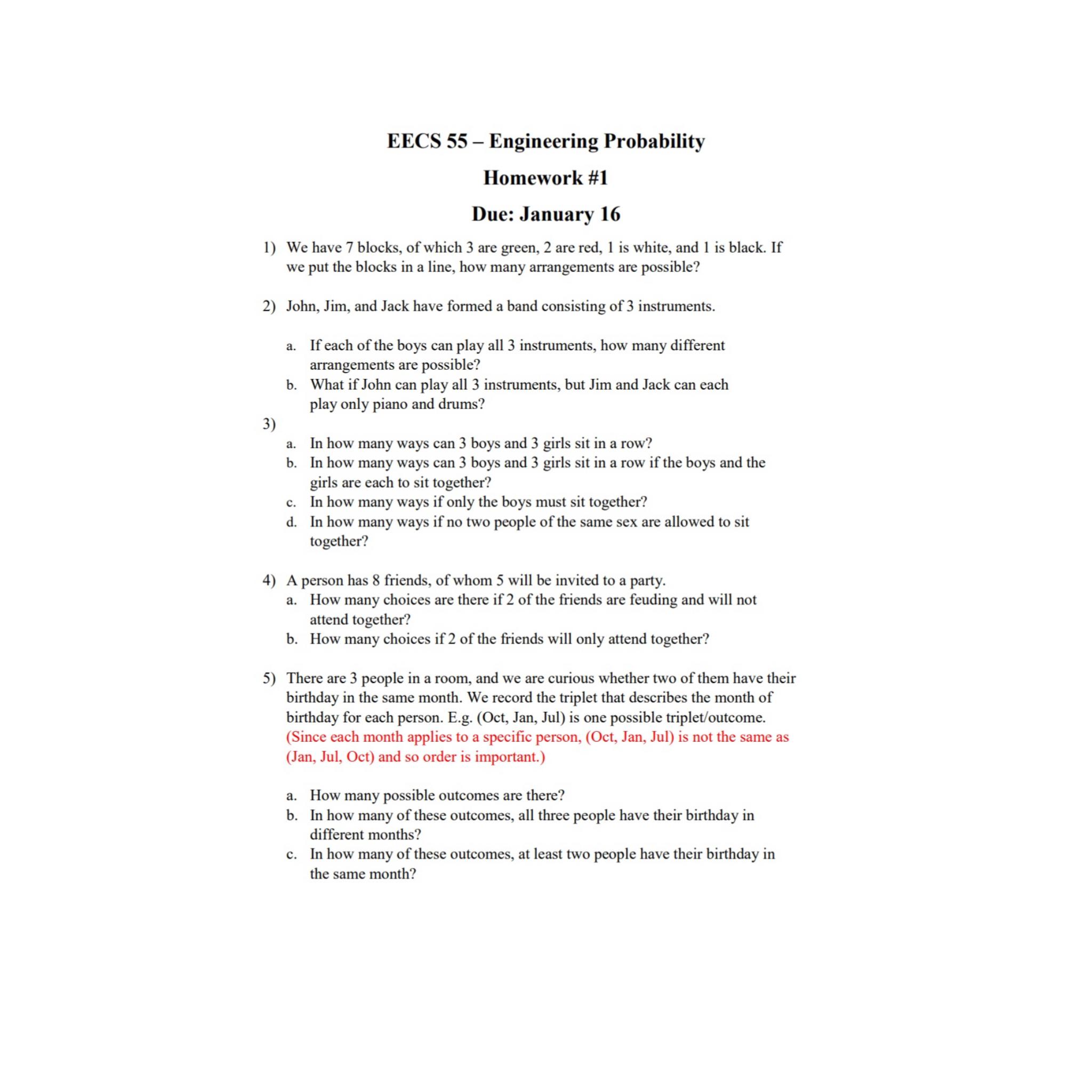 Solved EECS 55 - ﻿Engineering ProbabilityHomework #1Due: | Chegg.com