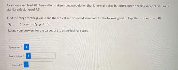 Solved A random sample of 28 observations taken from a | Chegg.com