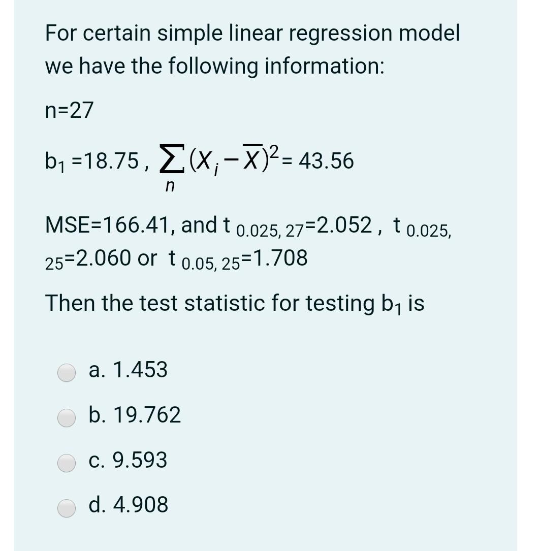 Solved For certain simple linear regression model we have | Chegg.com