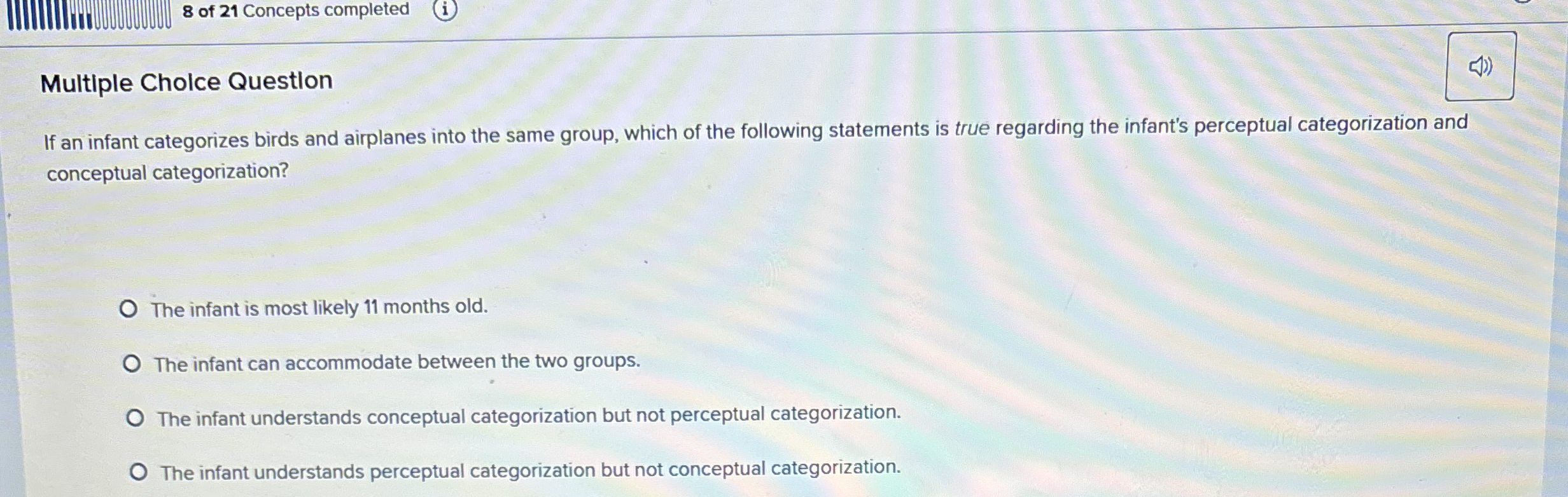 Solved Multiple Cholce QuestionIf an infant categorizes | Chegg.com