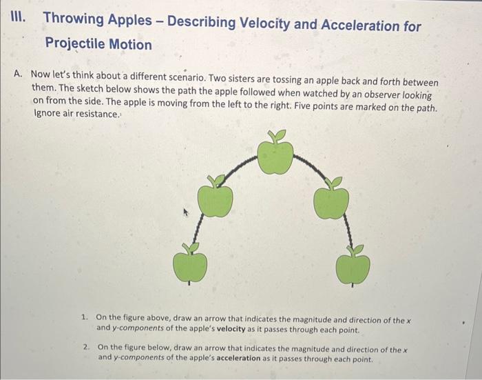 I. Throwing Apples - Describing Velocity and Acceleration for Projectile Motion
Now lets think about a different scenario. T