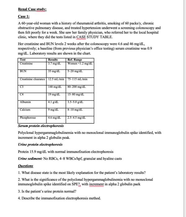 Solved Renal Case studv: Case 1: A 60 -year-old woman with a | Chegg.com