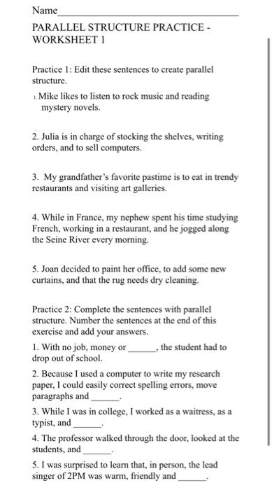 Solved Name PARALLEL STRUCTURE PRACTICE - WORKSHEET 1 | Chegg.com