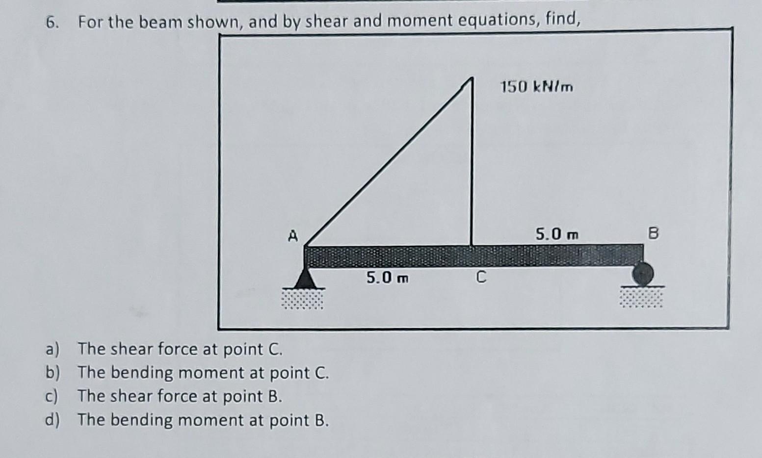 Solved FIND: A) THE SHEAR FORCE AT POINT C B) THE BENDING | Chegg.com